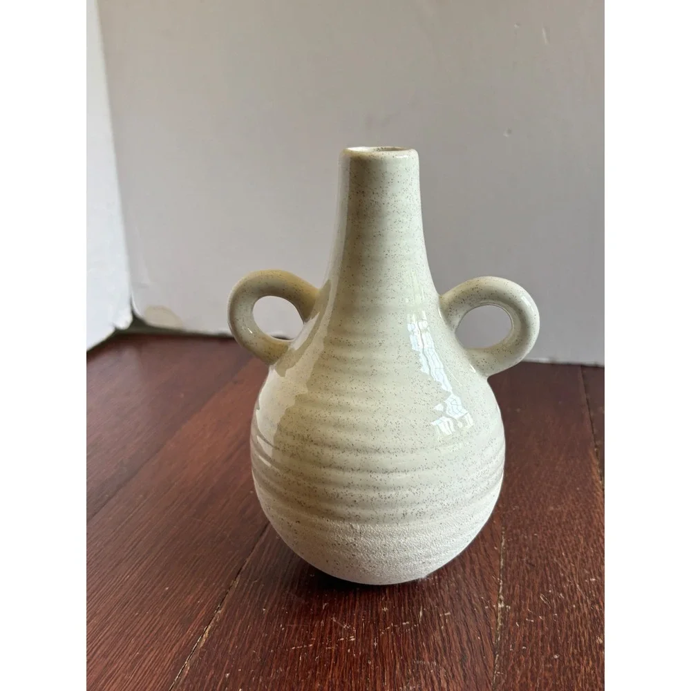 Speckled Ceramic Bud Vase Double Handle Ribbed Cream Stoneware 6.5 Inch